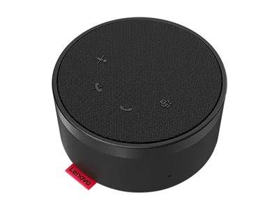 Schwarzer zylindrischer Lenovo Bluetooth-Lautsprecher mit Lautstärke-, Anruf- und Wiedergabe-/Pausetasten oben