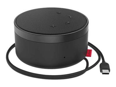 Schwarzer zylinderförmiger tragbarer Lautsprecher mit Steuertasten oben und einem angeschlossenen USB-C-Kabel.