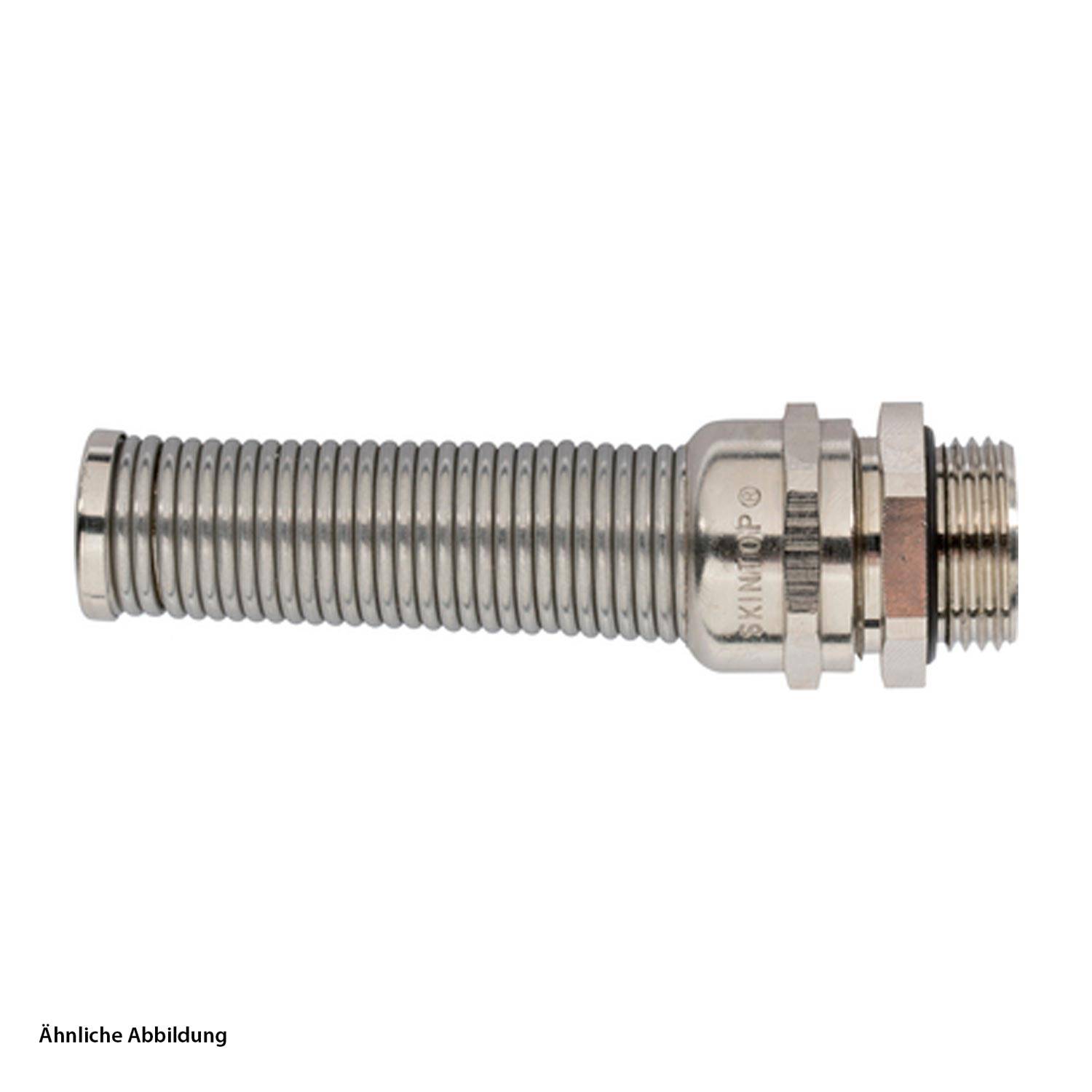 Ein flexibler Metallschutzschlauch mit einem Gewindeverbinder an einem Ende, der zur Sicherung von Kabeln in elektrischen Installationen verwendet wird.