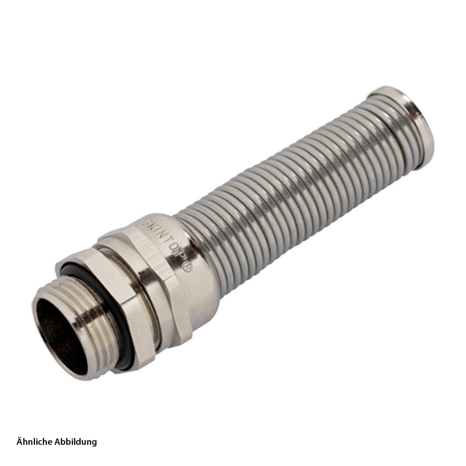 Flexibler Metallwellschlauch mit Gewindeanschluss an einem Ende, verwendet zum Schutz von elektrischen Leitungen.