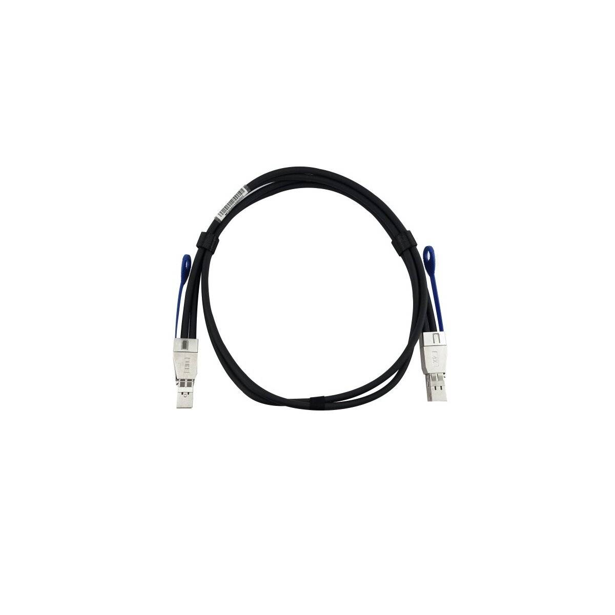 Schwarzes Kabel mit Steckverbindern an beiden Enden, aufgewickelt vor weißem Hintergrund.