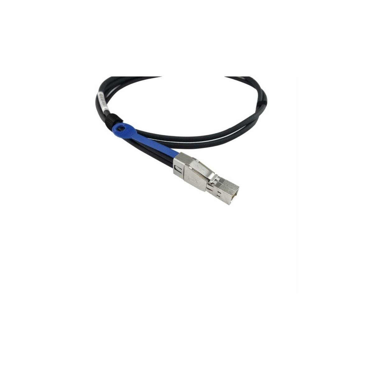 Schwarzes Kabel mit blauem Clip und silbernem Stecker, isoliert auf weißem Hintergrund dargestellt.