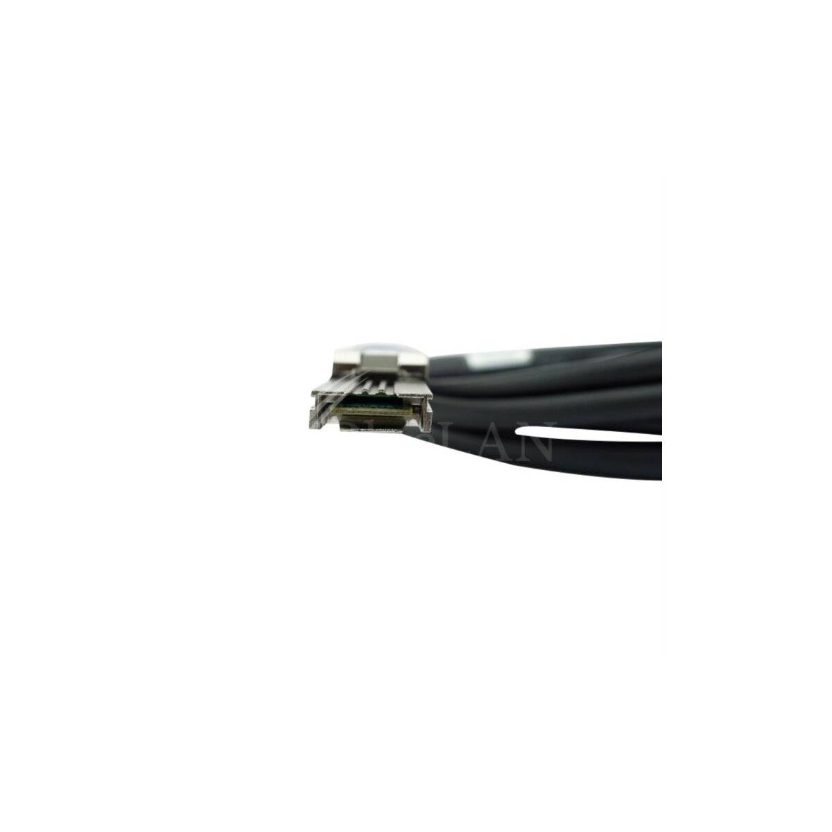 Nahaufnahme eines schwarzen Ethernet-Steckers auf weißem Hintergrund.