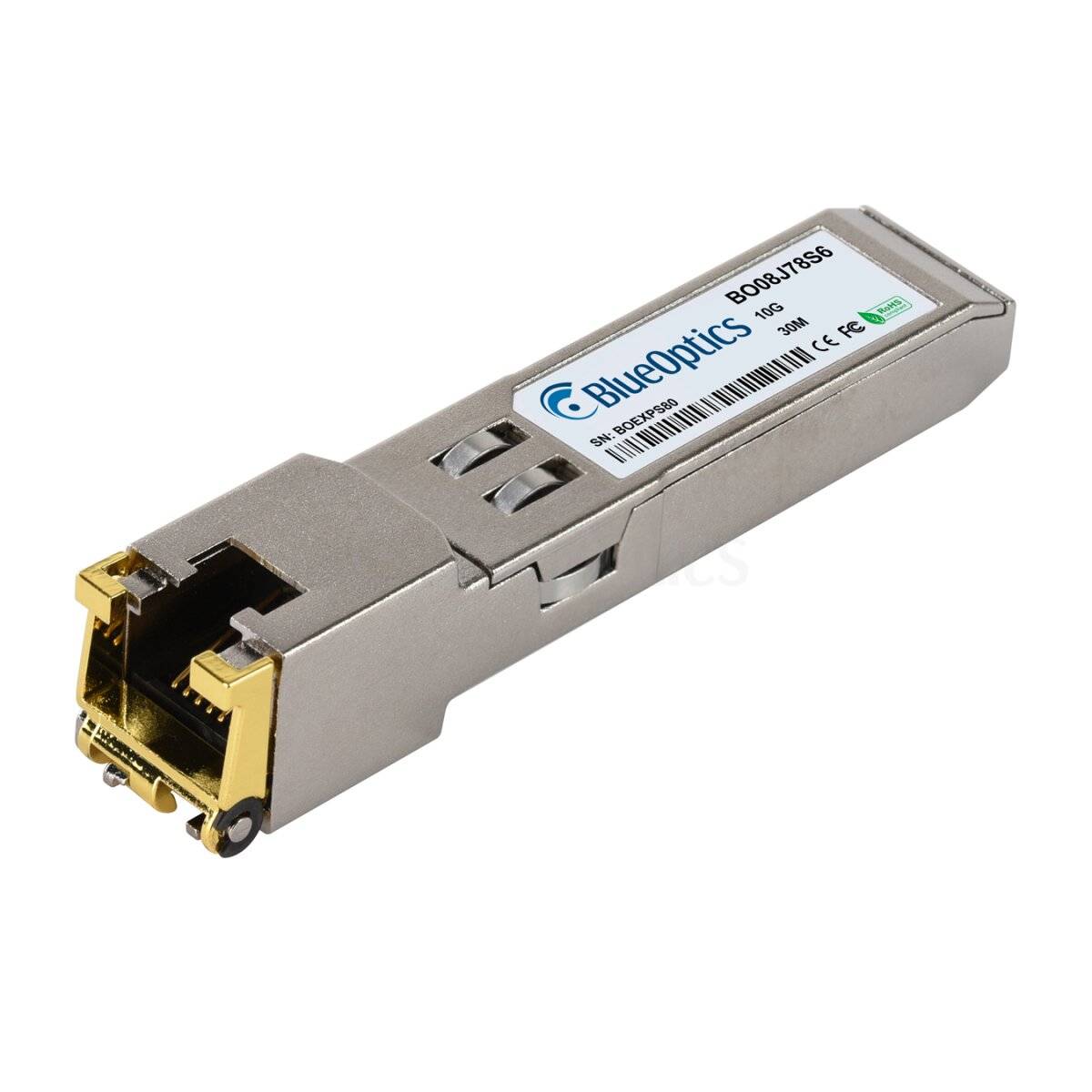 Metallisches BlueOptics SFP-Transceiver-Modul mit RJ45-Netzwerkportstecker, auf weißem Hintergrund dargestellt.