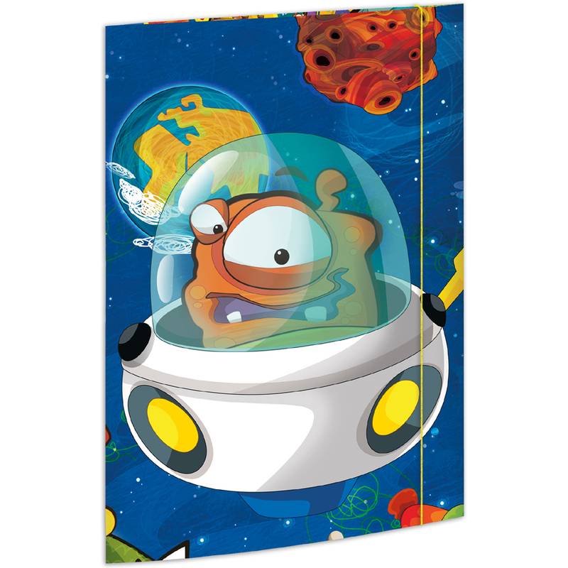 Ein Cartoon-Alien in einem durchsichtigen Kuppel-Raumschiff schwebt im farbenfrohen Weltall mit Planeten und Asteroiden im Hintergrund.