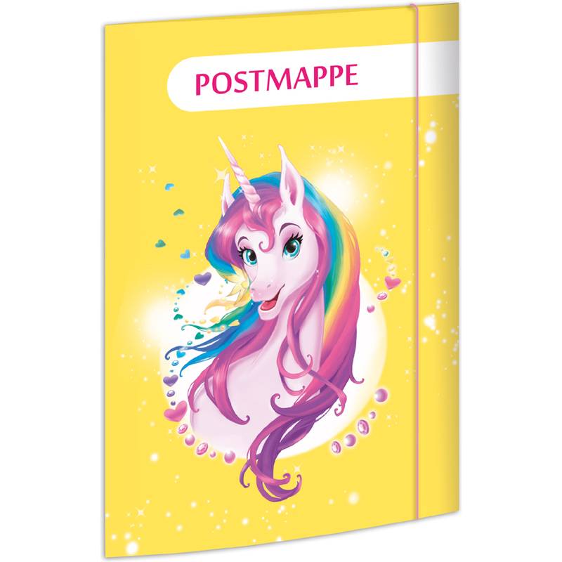 Ein gelber Ordner zeigt einen bunten Einhorn mit einer Regenbogenmähne, umgeben von schwebenden Herzen und Sternen, beschriftet mit 'POSTMAPPE'.
