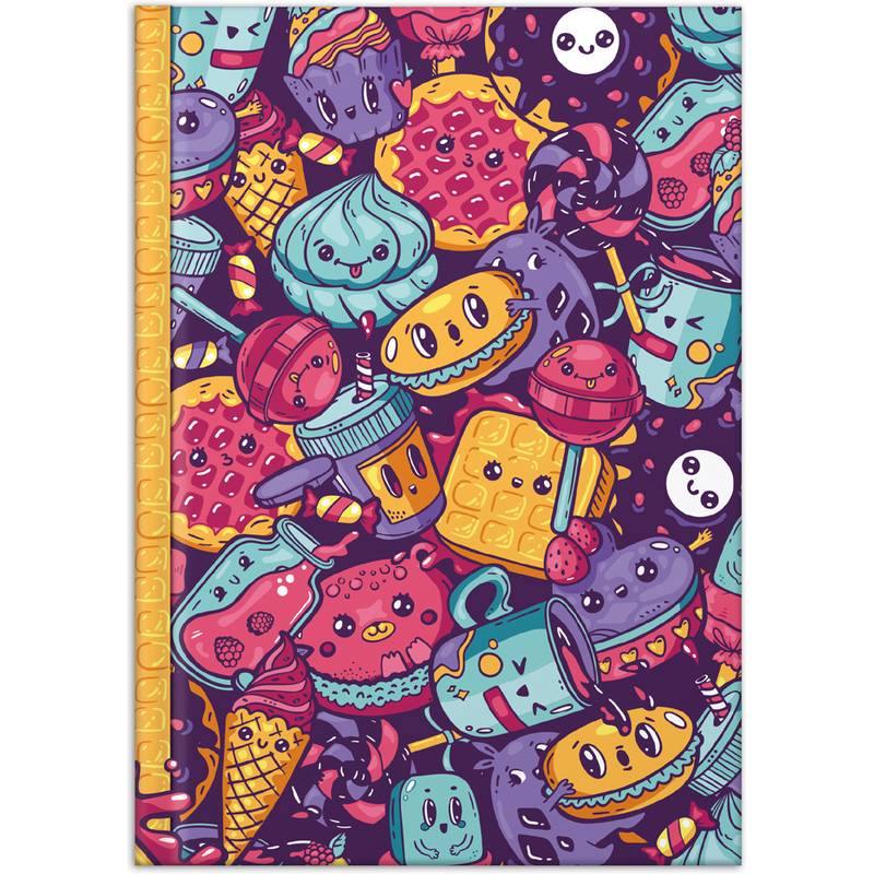 Bunte Illustration mit verspielten, lächelnden Desserts wie Cupcakes, Eis, Waffeln und Donuts, mit lebendigen, phantasievollen Gesichtern.