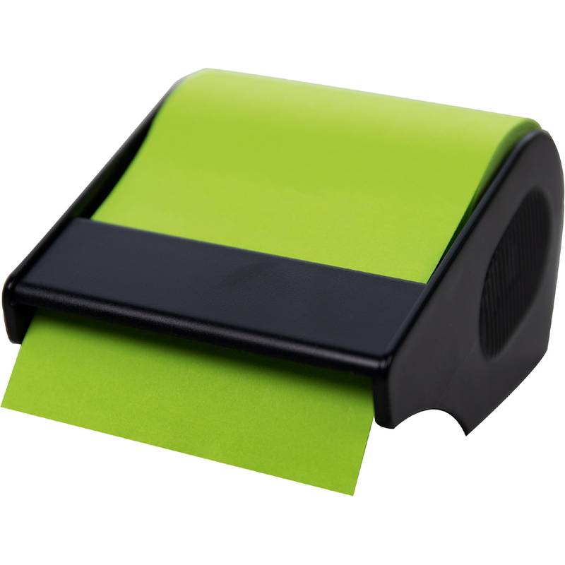 Eine grüne Haftnotizrolle in einem schwarzen Kunststoff-Abroller, wobei ein Blatt leicht herausgerollt ist.