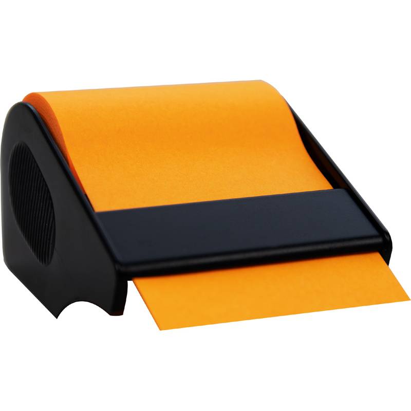 Ein schwarzer und orangefarbener Haftnotizspender mit geschwungener Form hält eine Rolle orangefarbener Haftnotizen bereit zur Verwendung.