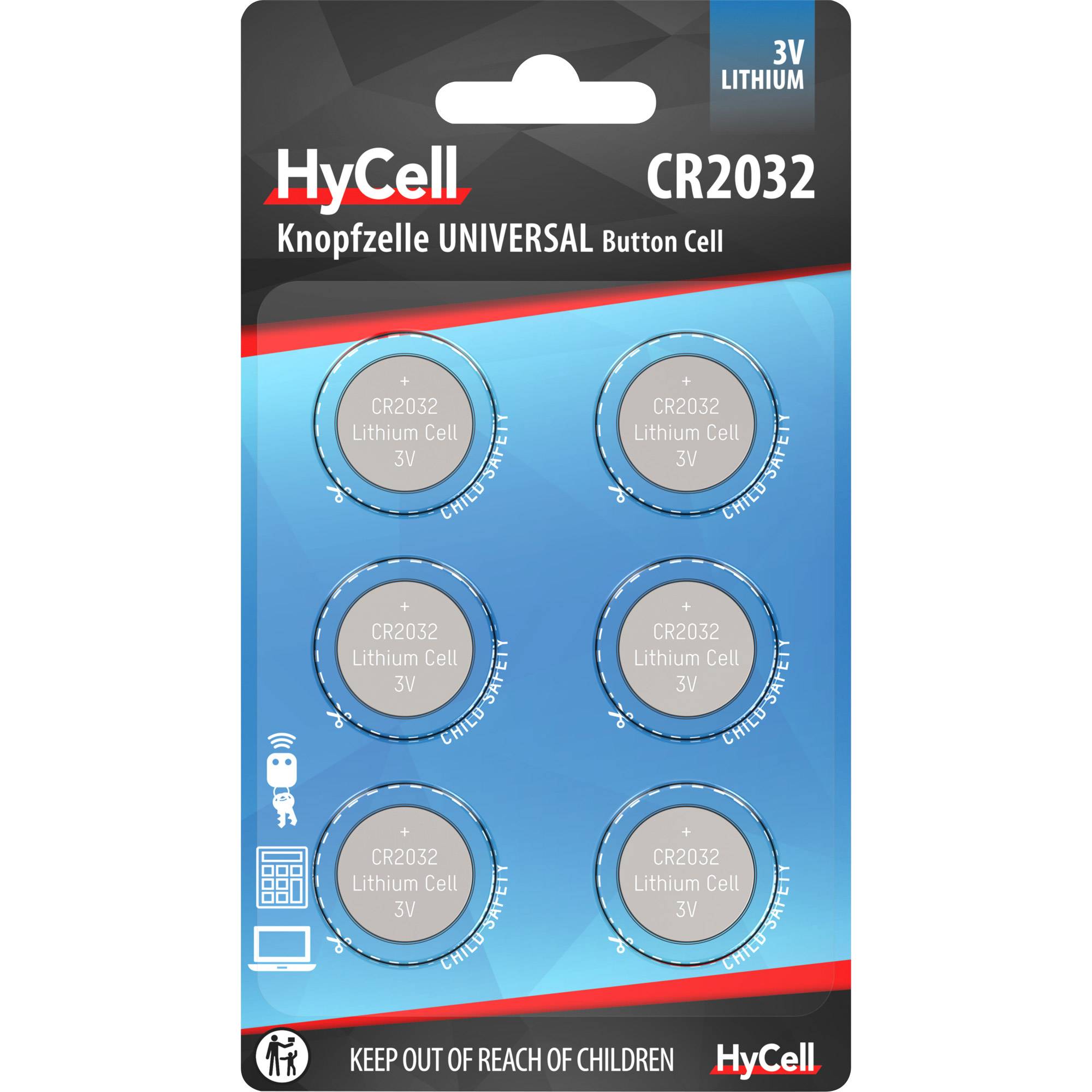 Verpackung für HyCell CR2032 3V Lithium-Knopfzellen, zeigt sechs Batterien und Warnhinweise, um sie von Kindern fernzuhalten.