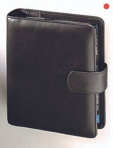 Ein schwarzes Leder-Portfolio mit Riemen, das sichtbar blaue und weiße Dokumente im Inneren enthält.