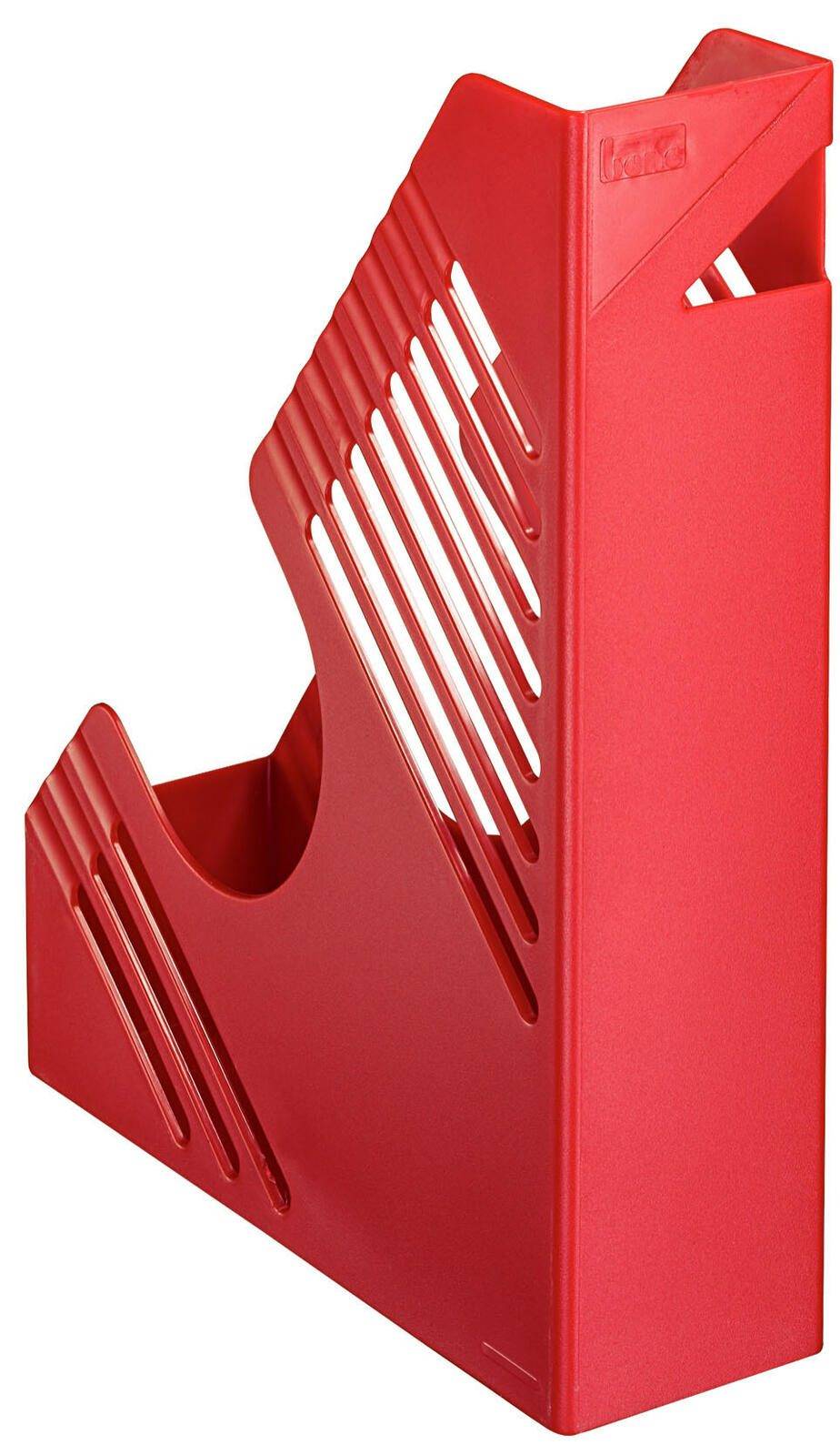 Roter Kunststoff-Magazinhalter mit Schlitzseiten, auf weißem Hintergrund dargestellt.