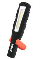 Eine tragbare Arbeitsleuchte mit LED-Streifen, schwarzem Griff und orangefarbener Klammer, entwickelt für die mobile Verwendung in verschiedenen Arbeitsumgebungen.