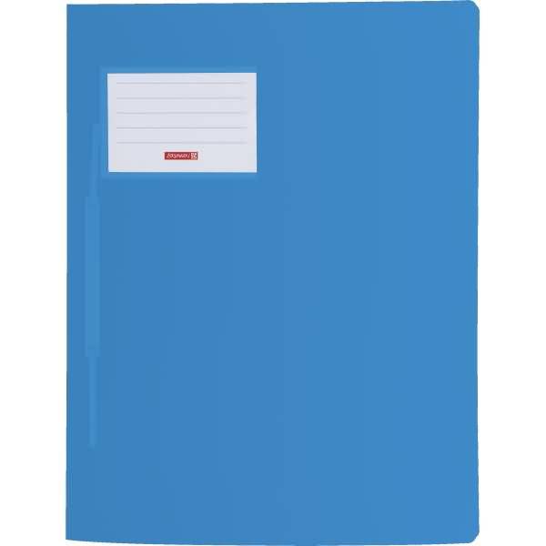 Blauer Aktenordner mit einer kleinen Beschriftungstasche und liniertem Einsatz auf der Vorderseite.