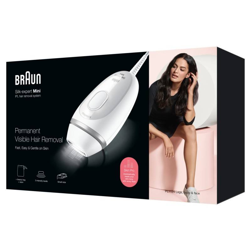 Die Braun Silk-expert Mini Box zeigt das IPL-Haarentfernungsgerät und eine Frau mit glatter Haut, mit dem Hinweis auf „Schnell, Einfach & Sanft zur Haut