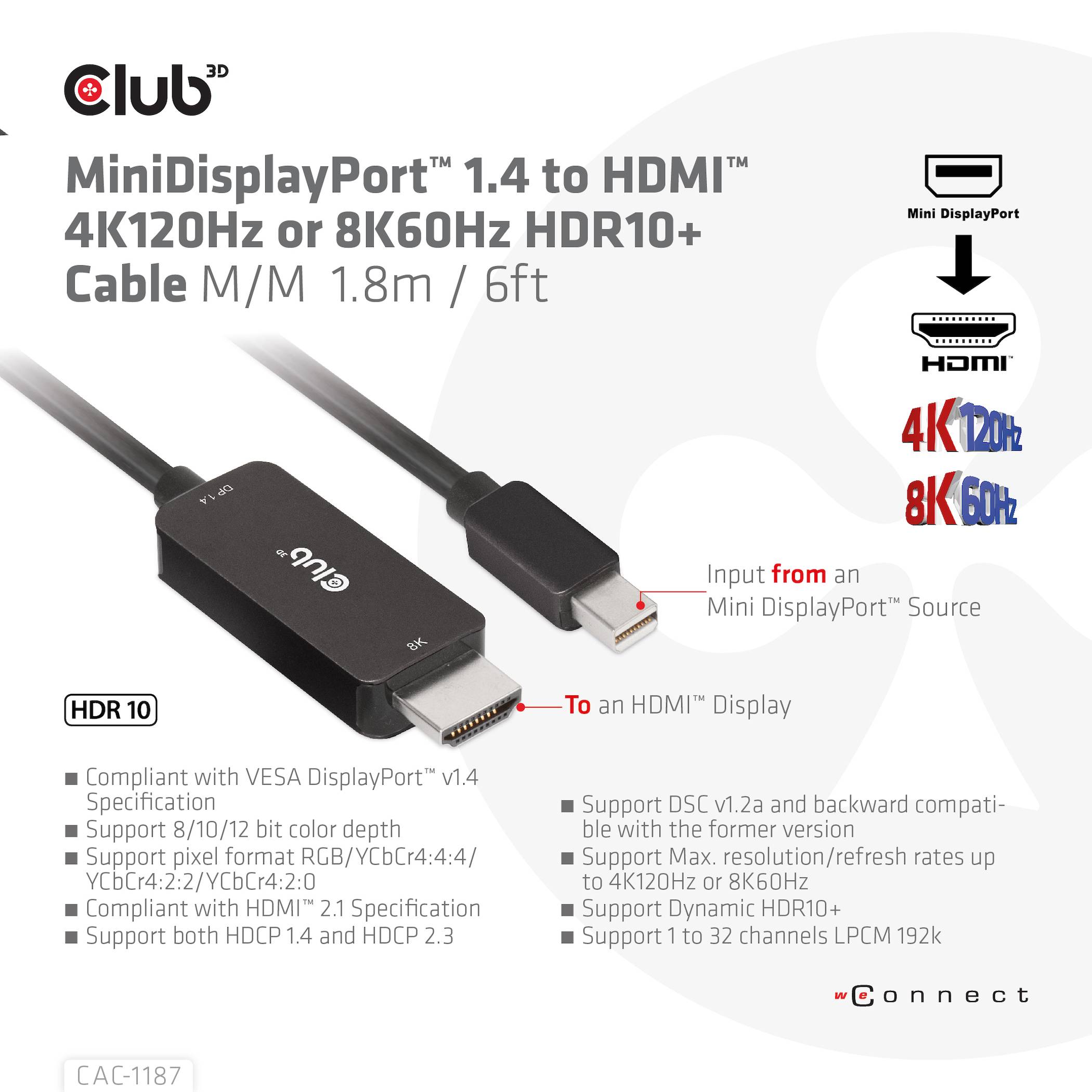 Club 3D CAC-1187 - Adapterkabel - Mini DisplayPort männlich zu HDMI männlich - 1.8 m - unterstützt 8K 60 Hz (7680 x 4320)