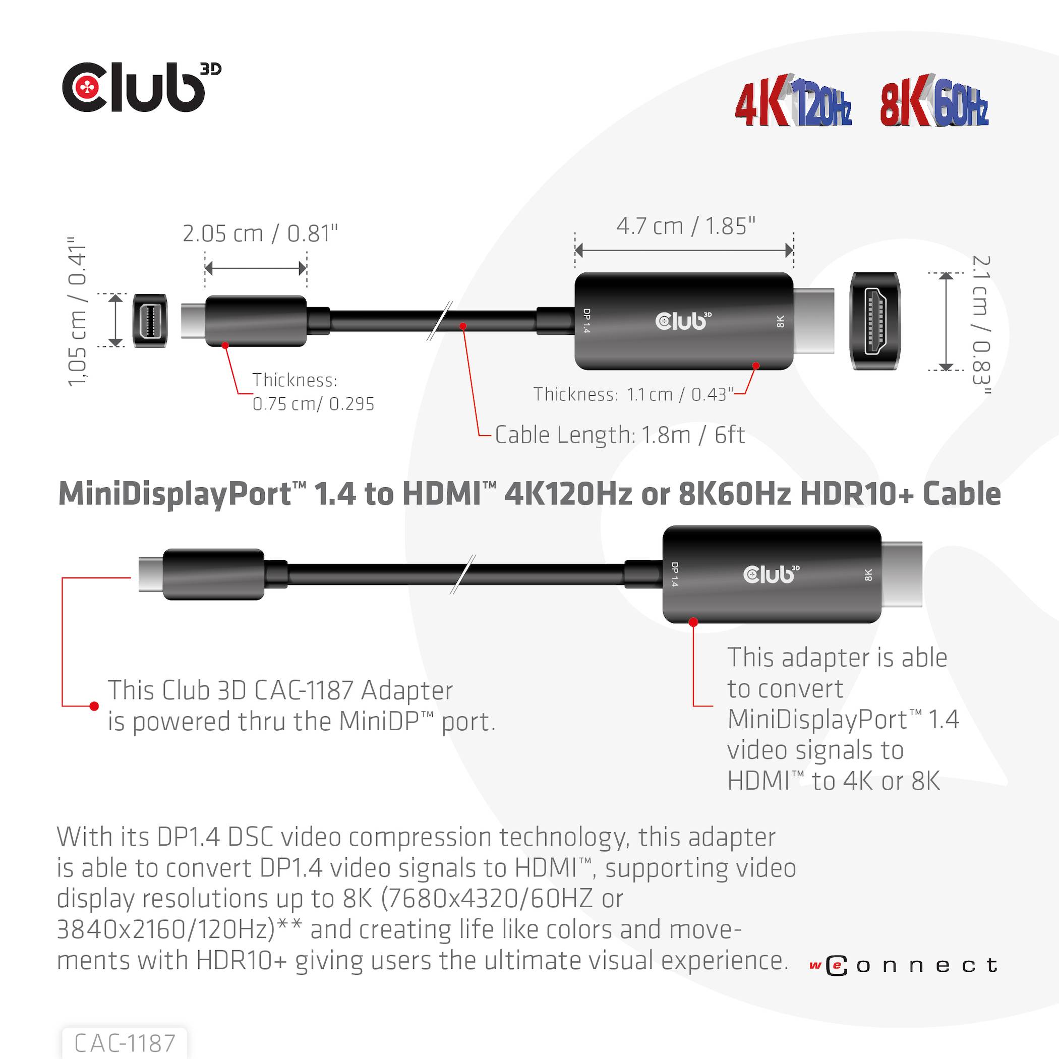 Club 3D CAC-1187 - Adapterkabel - Mini DisplayPort männlich zu HDMI männlich - 1.8 m - unterstützt 8K 60 Hz (7680 x 4320)