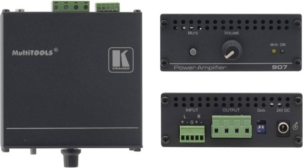 Verstärker der Marke 'Kramer' mit Eingangs- und Ausgangsbuchsen sowie Lautstärkeregler.