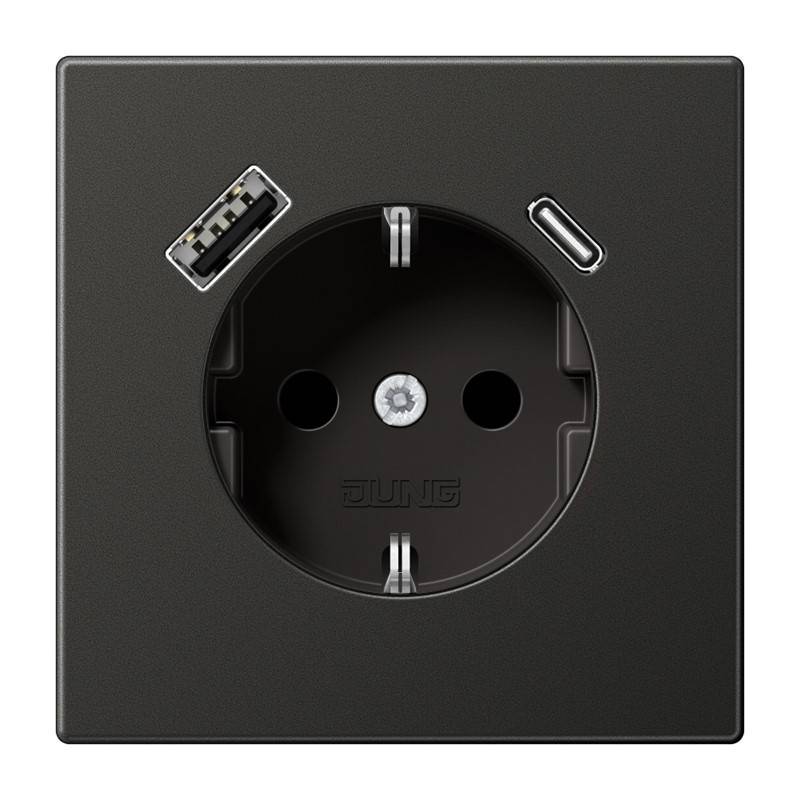 Schwarze Wandsteckdose mit Schuko-Steckplatz, USB-A-Anschluss und USB-C-Anschluss auf einer quadratischen Blende