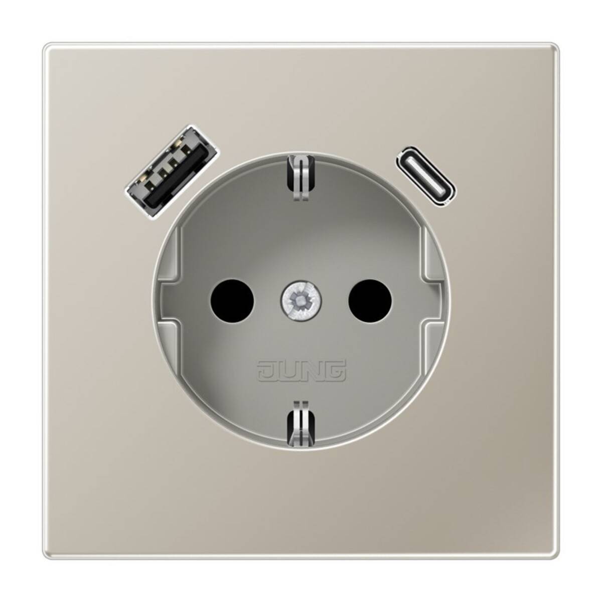 Wandsteckdosenpanel mit einer europäischen Steckdose, USB-A-Anschluss und USB-C-Anschluss zum Laden von Geräten.