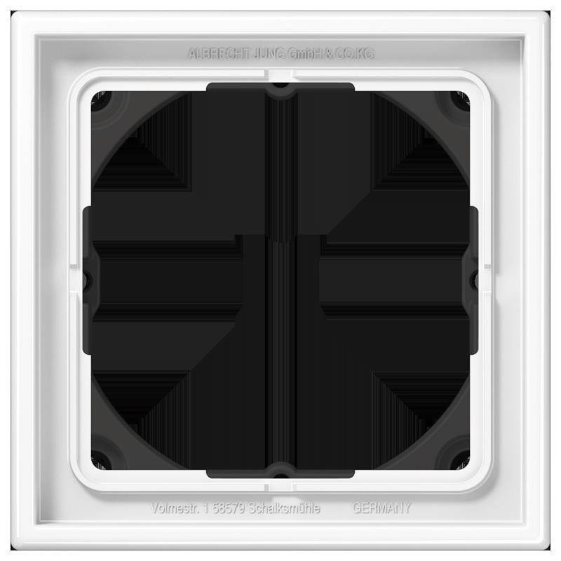 Ein weißer quadratischer Kunststoffrahmen mit einem zentralen schwarzen Kreisabschnitt, höchstwahrscheinlich eine Komponente für eine elektrische oder technische Installation.