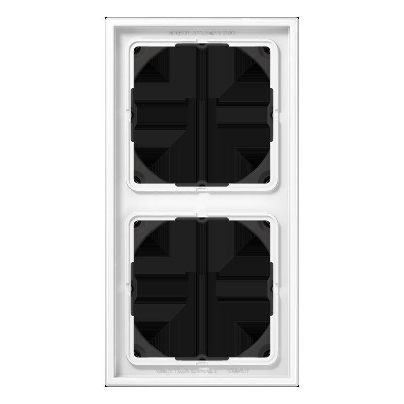 „Weißes rechteckiges Panel mit zwei kreisrunden, schwarzen, vertieften Bereichen; minimalistisches Design, das einen Einsatz als Montagerahmen oder Adapter andeutet.