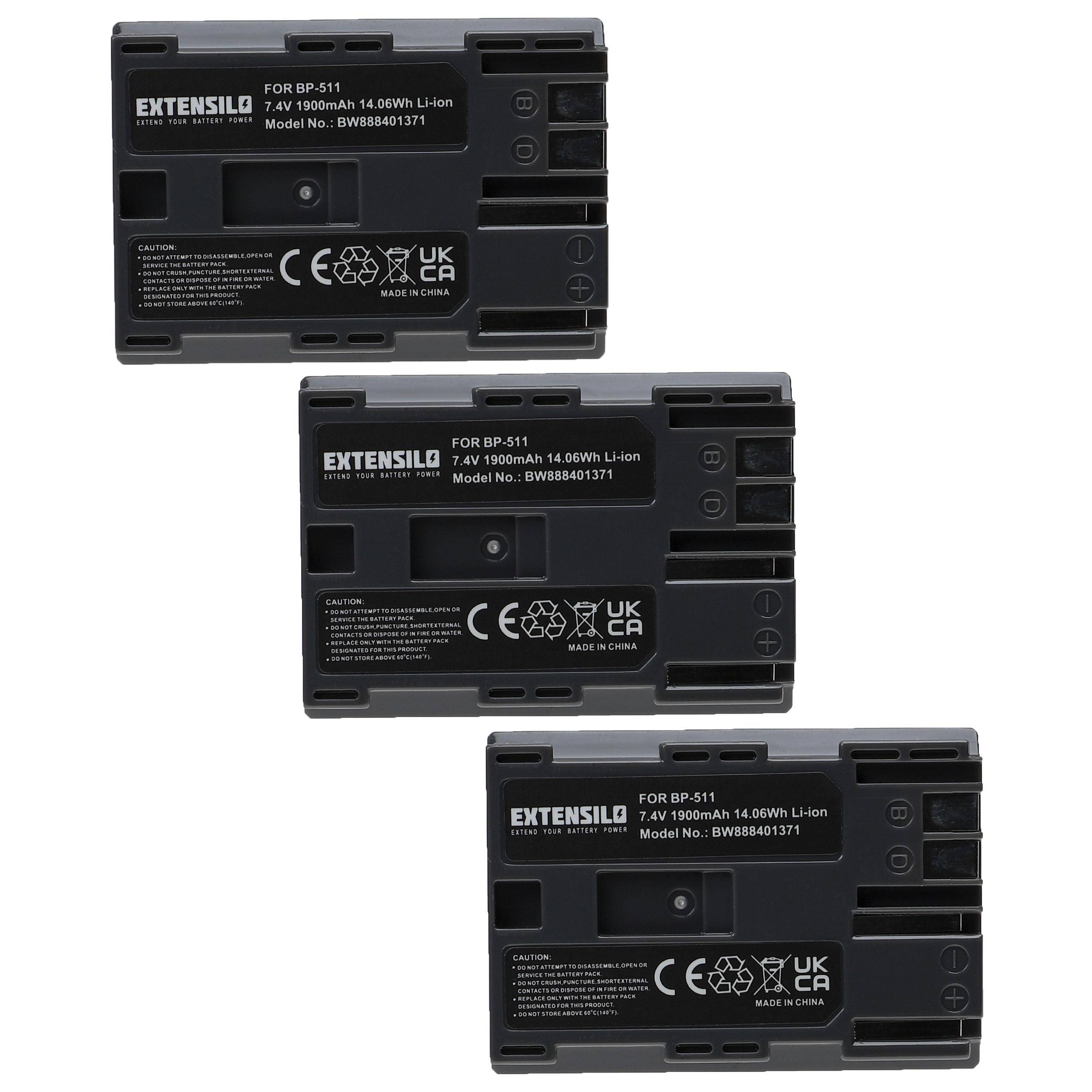Drei rechteckige Lithium-Ionen-Batterien mit der Bezeichnung „FOR BP-511