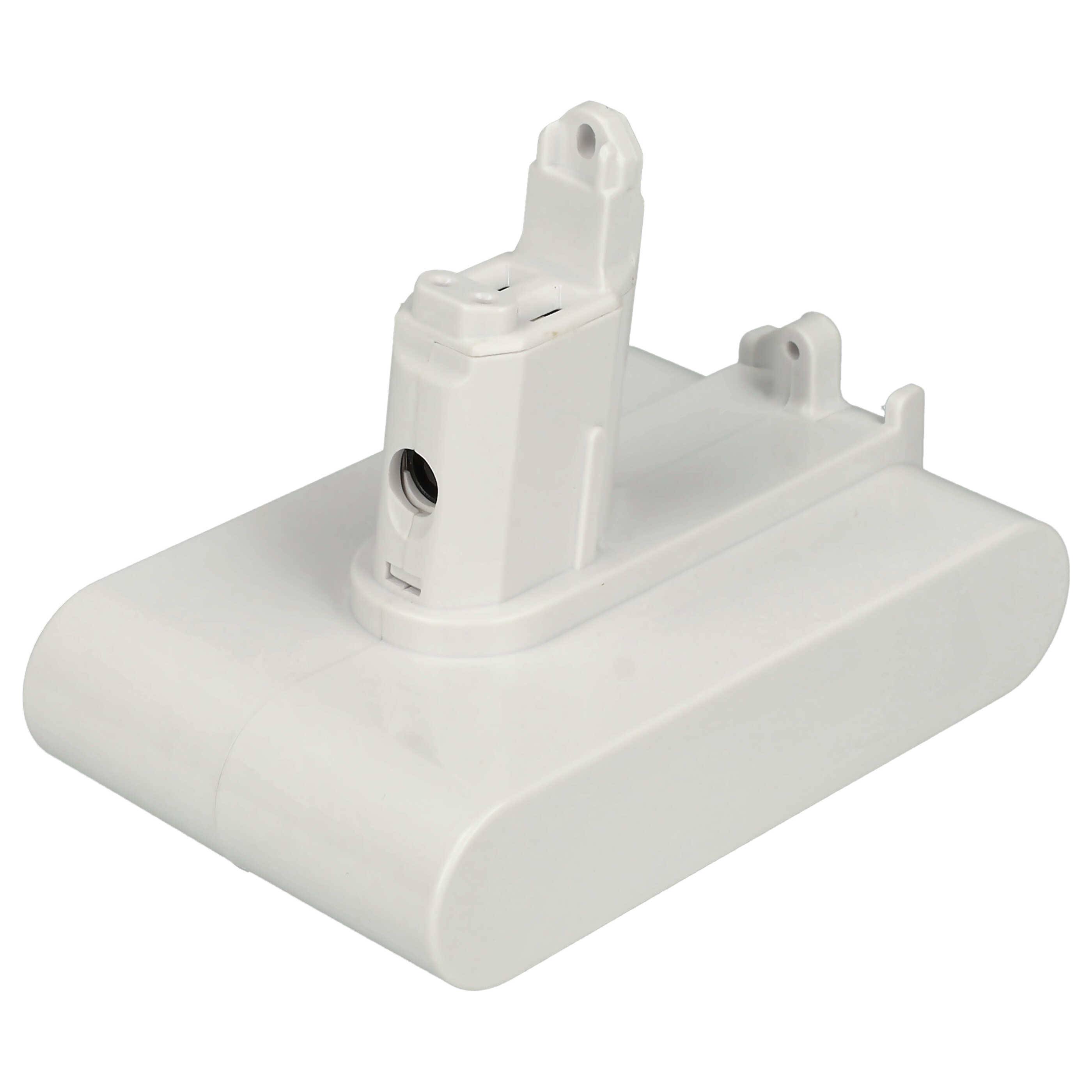 Ein weißes Staubsaugerbatteriepaket mit Verbindungspunkten oben, konzipiert für einfache Installation und Kompatibilität mit bestimmten Staubsaugermodellen.