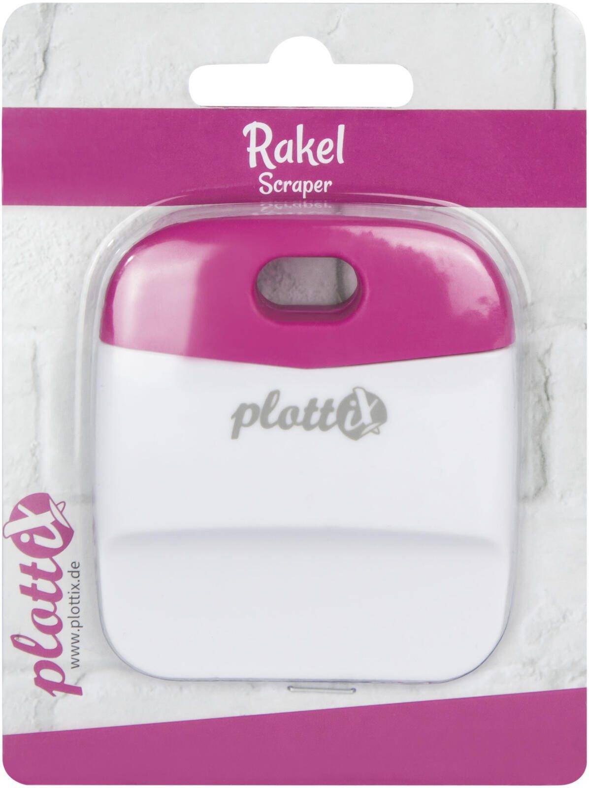 Rosa und weißes Plotti 'Rakel Scraper' Werkzeug in Einzelhandelsverpackung, Vorderansicht gezeigt.