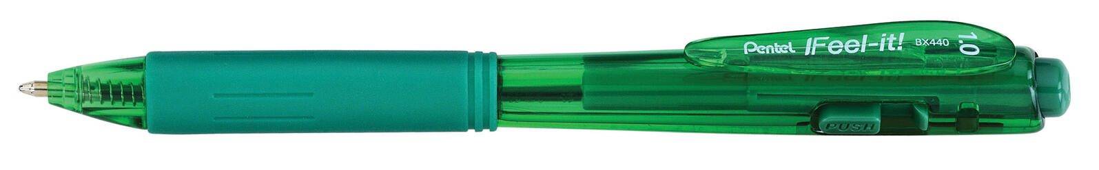 Grüner Pentel iFeel-it Kugelschreiber mit durchscheinendem Schaft, Kappe und Clip, horizontal auf weißem Hintergrund dargestellt.