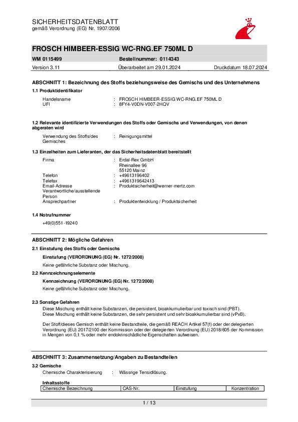 Frosch WC-Reiniger Himbeer-Essig 15499 750ml