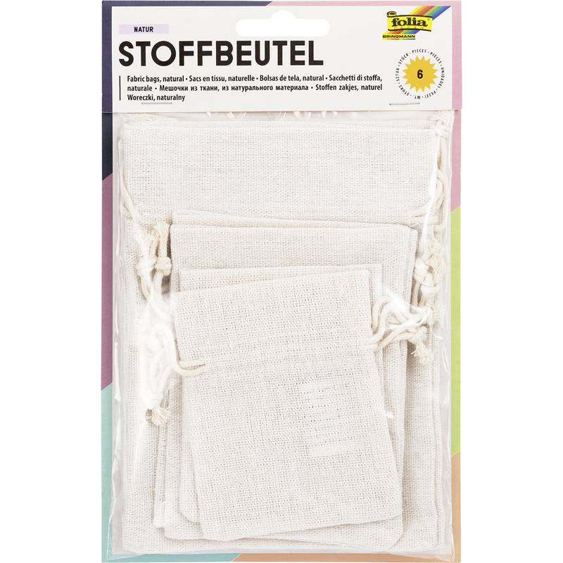 Paket mit sechs natürlichen Stofftaschen mit der Bezeichnung „STOFFBEUTEL