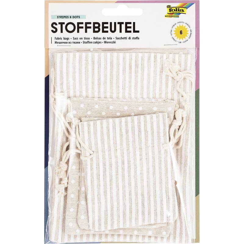 Packung mit sechs creme- und weiß gestreiften sowie gepunkteten Stoffgeschenktüten mit der Aufschrift „STOFFBEUTEL