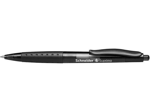 Schwarzer Schneider Suprimo-Kugelschreiber horizontal auf weißem Hintergrund dargestellt, mit sichtbarem Clip und Markennamen.