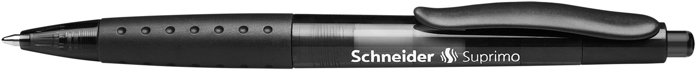 Schwarzer Schneider Suprimo Stift mit silbernem Clip und Spitze, horizontal auf hellem Hintergrund gezeigt.