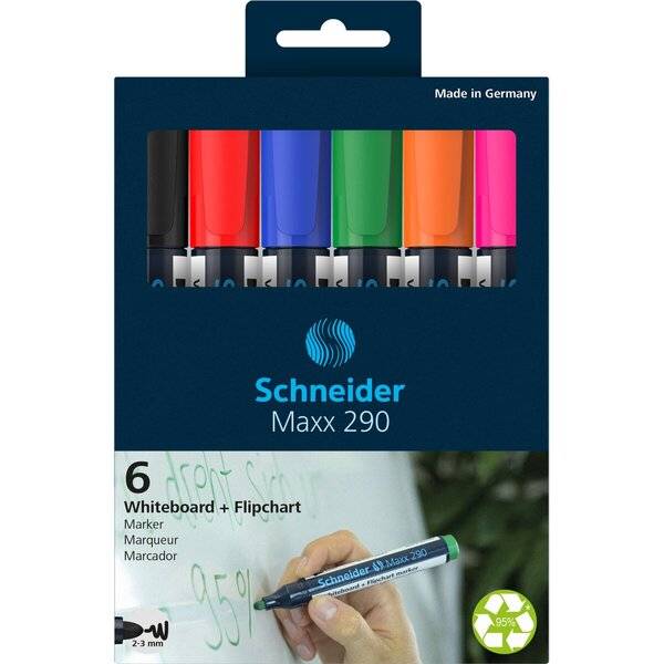 Verpackung für Schneider Maxx 290 Whiteboard- und Flipchart-Marker, zeigt sechs farbige Marker und eine Hand, die auf ein Whiteboard schreibt; Text „Made in Germany