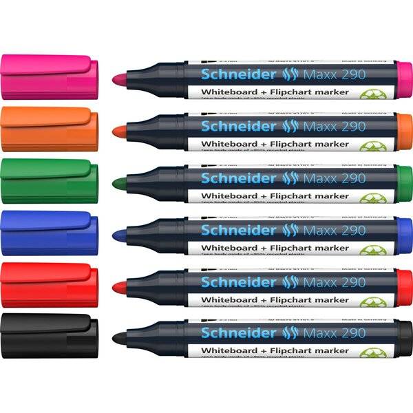 Sechs Schneider Maxx 290 Whiteboard- und Flipchart-Marker in Pink, Orange, Grün, Blau, Rot und Schwarz, gezeigt mit passenden Verschlüssen.