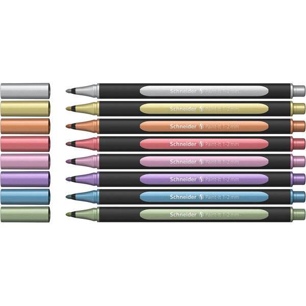 Satz von acht Schneider Fineliner-Stiften mit passenden farbigen Kappen, angeordnet in Reihen, zeigt silber, gelb, orange, rot, rosa, lila, blau und grüne Spitzen.