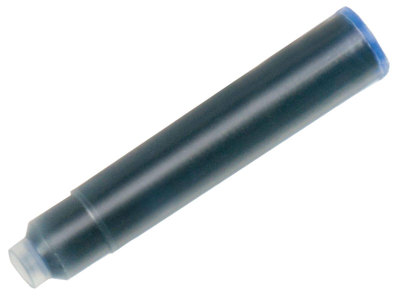 Schwarze zylindrische Batteriepatrone auf weißem Hintergrund dargestellt, mit einer Metalspitze an einem Ende und einer blauen Kappe am anderen Ende.