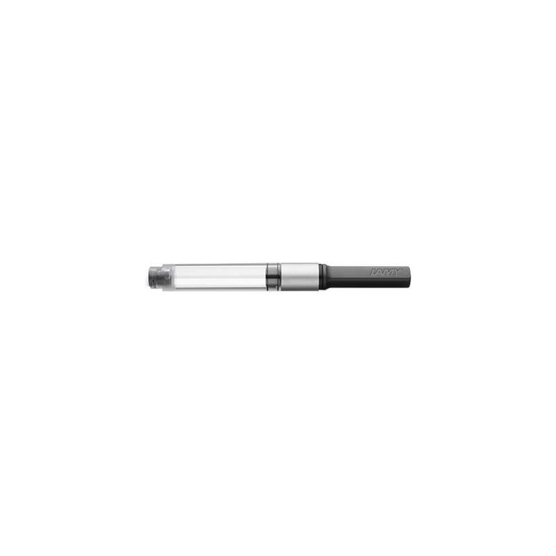 Kleine durchsichtige Vape-Patrone im Stiftstil mit schwarzem Akku und transparantem Tank, zentriert auf weißem Hintergrund.