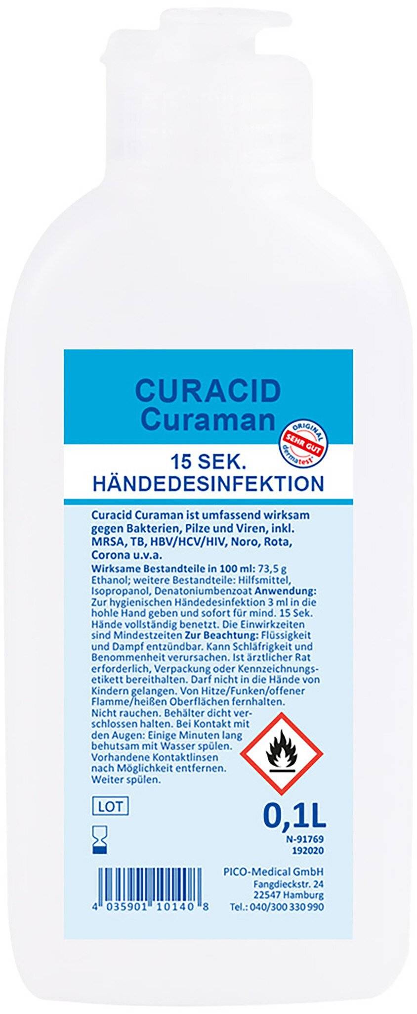 Curacid Curaman Desinfektionsmittelflasche mit Etikett zeigt 15-Sekunden-Handdesinfektion, Entzündlichkeitswarnung und 0,1 l Inhalt.
