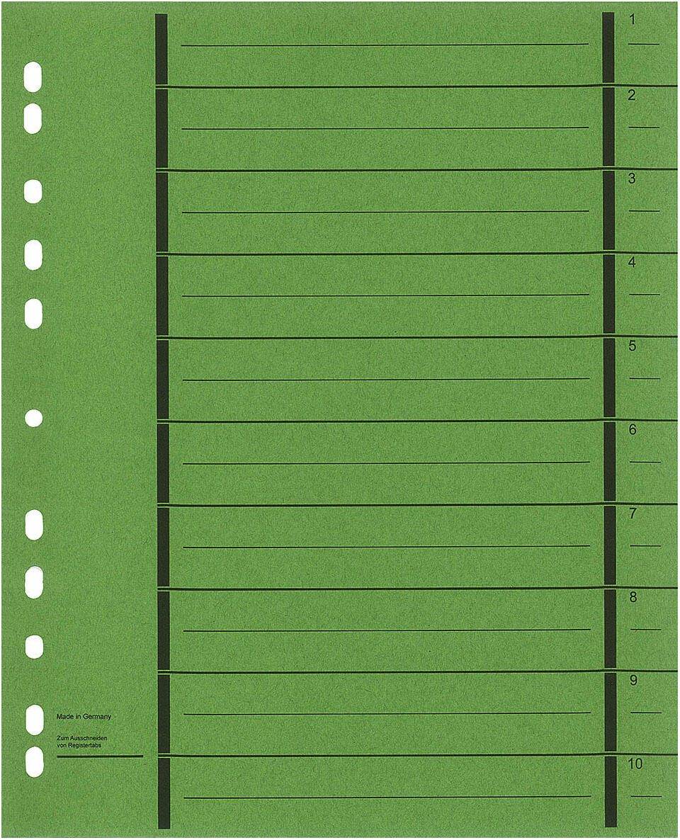Grünes Papierformular mit nummerierten horizontalen Linien 1 bis 10 und Lochungen entlang der linken Kante, das einer Schreib- oder Ablagevorlageehnelt.