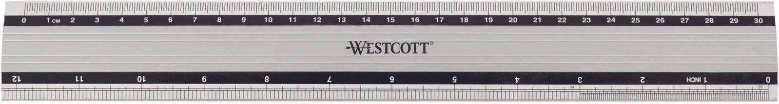 Ein Westcott-Lineal-Vergleichsdiagramm mit Zoll- und Metrischen Skalen mit nummerierten Markierungen über mehrere Reihen.