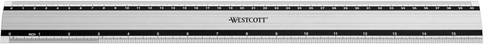 Ein Westcott-Lineal-Grafik, die eine lange Messskala in Schwarz und Weiß mit Zollmarkierungen und dem zentrierten Markennamen zeigt.