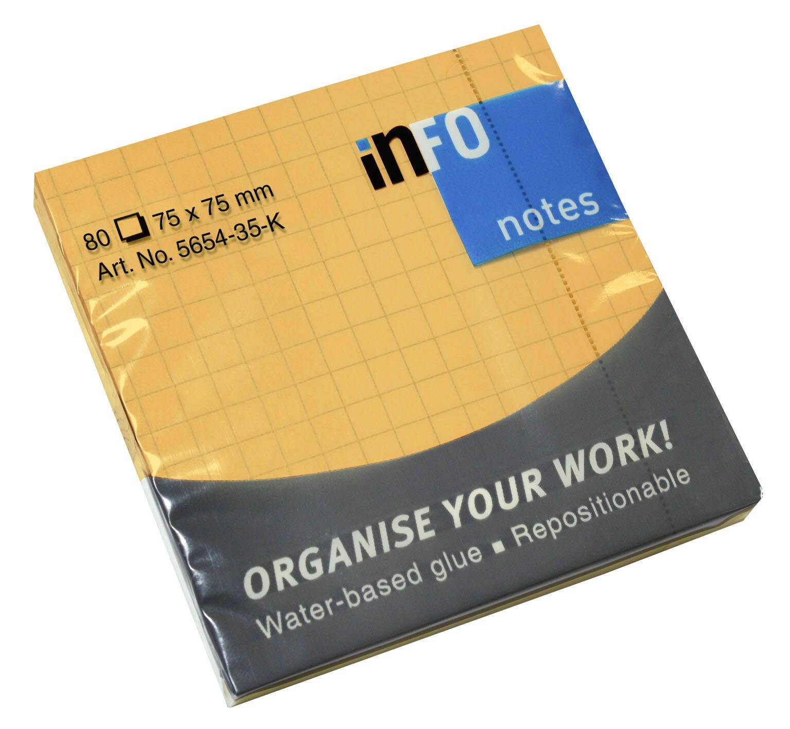 Ein Paket quadratischer, gelber Haftnotizen mit der Bezeichnung „Info Notes