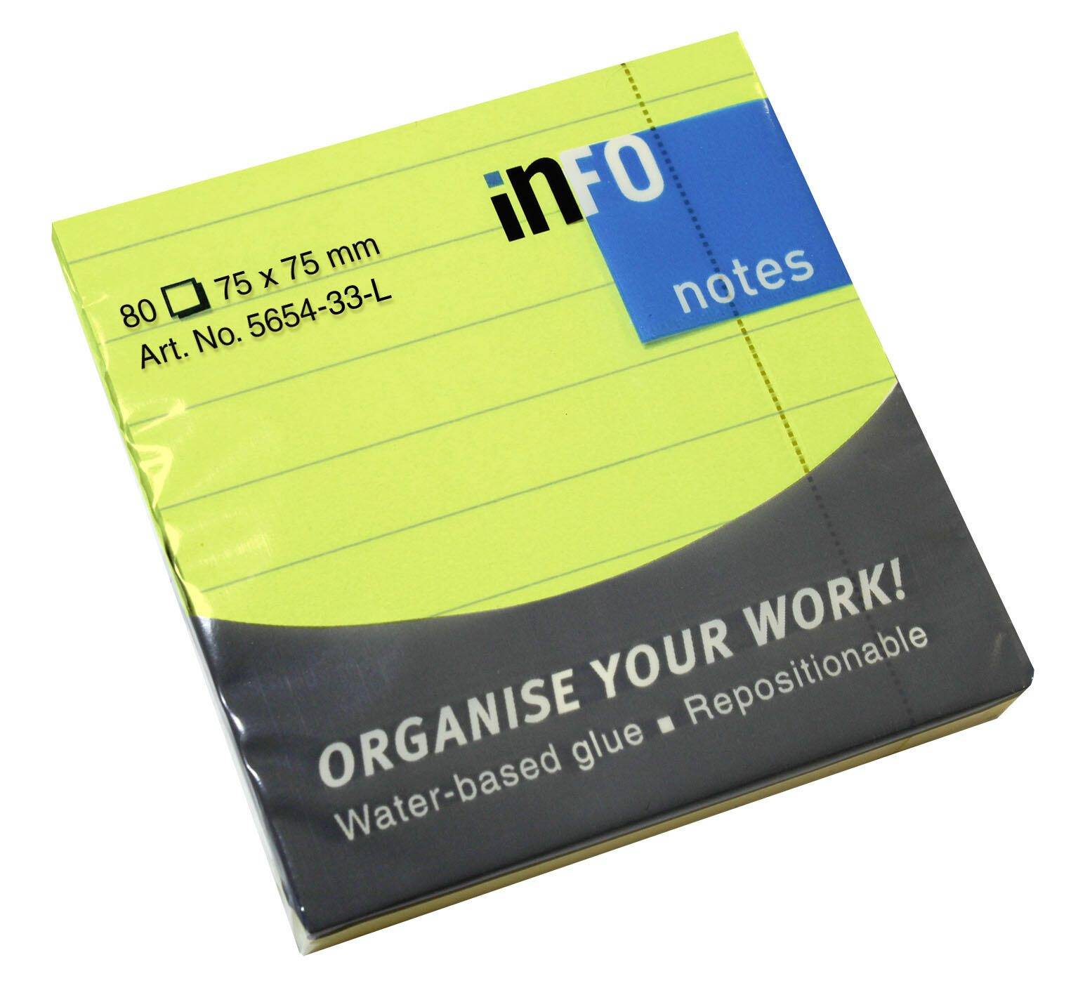 Ein Paket mit gelben 75x75 mm Haftnotizen mit der Aufschrift 'info notes', mit den Texten 'Organise your work!' und 'Wasserlöslicher Kleber - Wiederpositionierbar'.