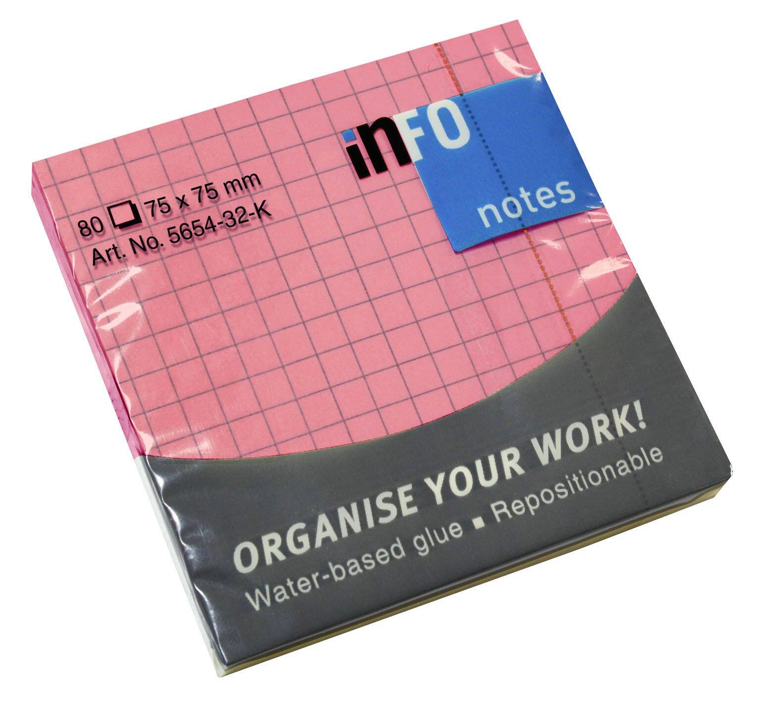 Info' Marke rosa Haftnotizen, 75x75 mm, mit wasserbasierten, wiederpositionierbarem Klebstoff. Das Paket enthält 80 Blatt.