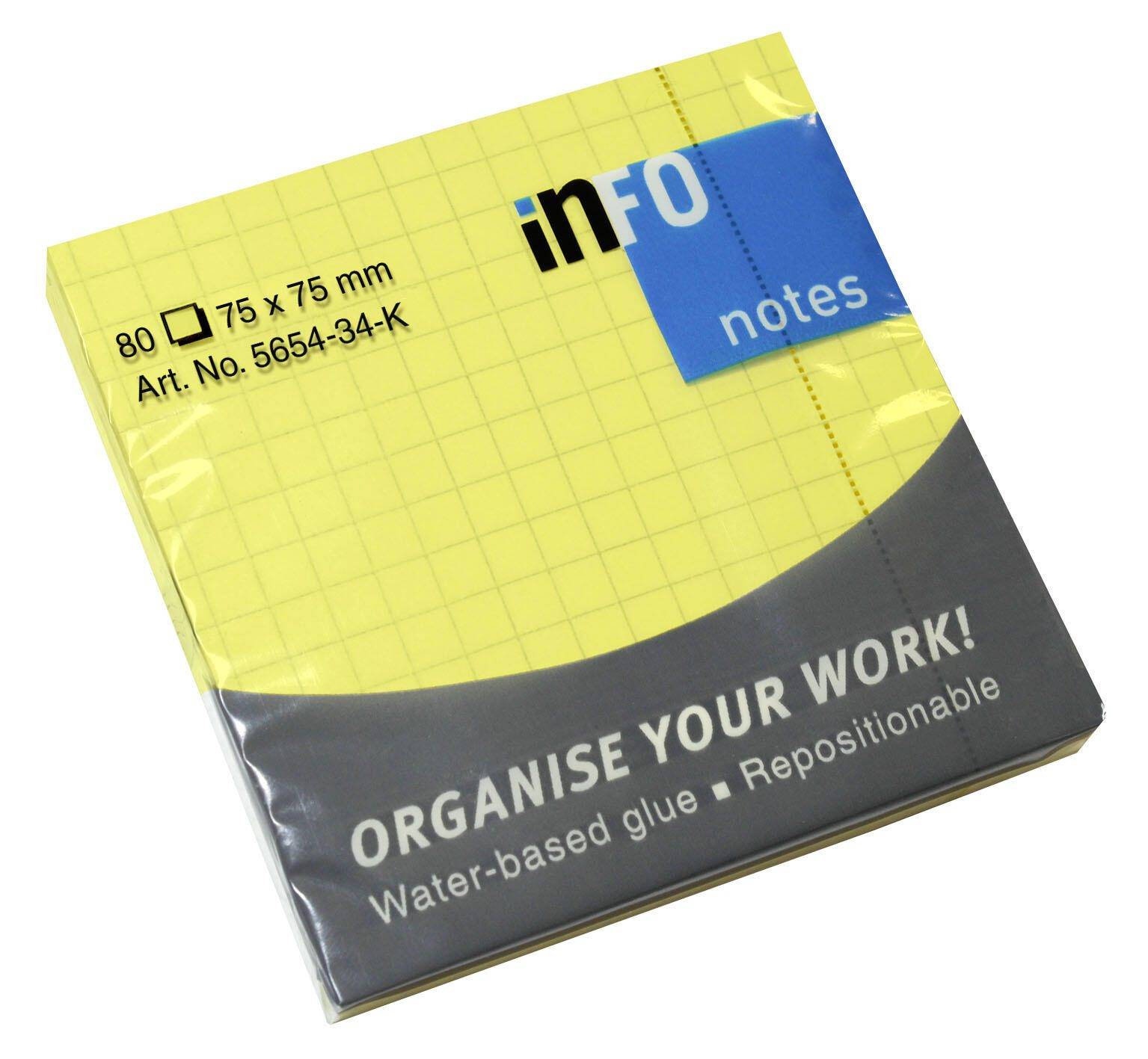 Packung mit quadratischen gelben Haftnotizen, 75x75mm, mit der Aufschrift „Organisiere deine Arbeit!