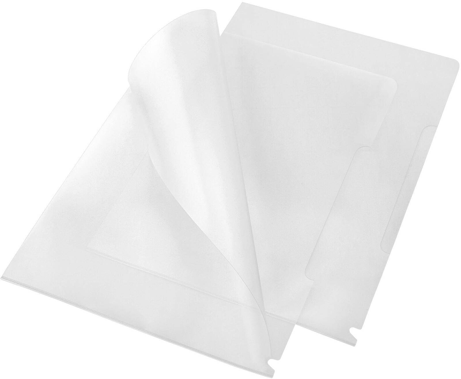 Ein transparenter Kunststoffordner mit einer offenen Lasche, der zur Organisierung und zum Schutz von Dokumenten verwendet wird.