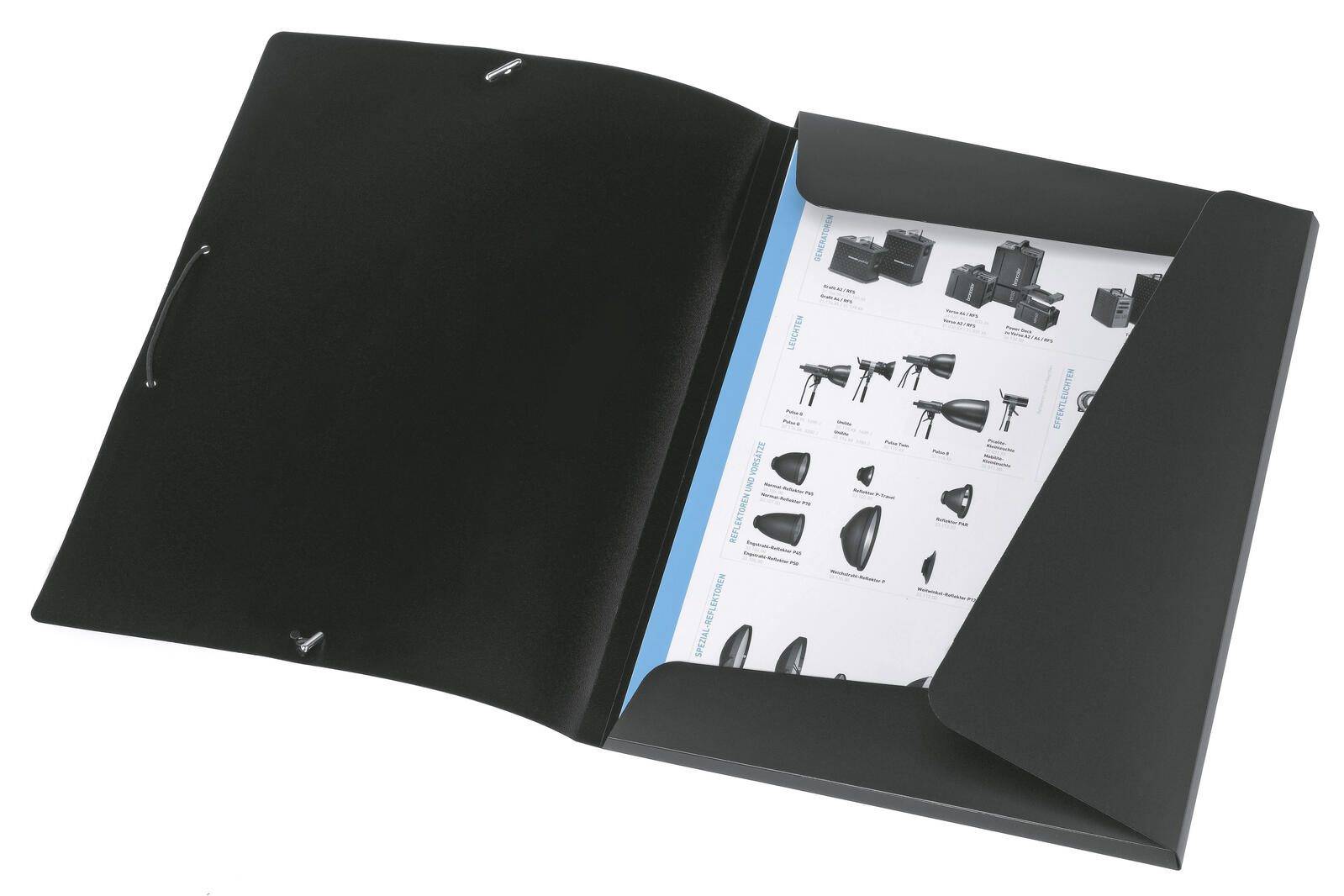 Öffnen Sie den schwarzen Ordner, der eine gedruckte Seite mit verschiedenen Arten von Fotografie-Beleuchtungsgeräten anzeigt, mit Bildern und Beschreibungen.